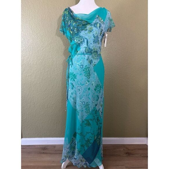 CDC Dresses & Skirts - Y2K CDC Women's 6 Flutter Sleeve Wrap Maxi Dress Blue Green Patchwork Paisley
